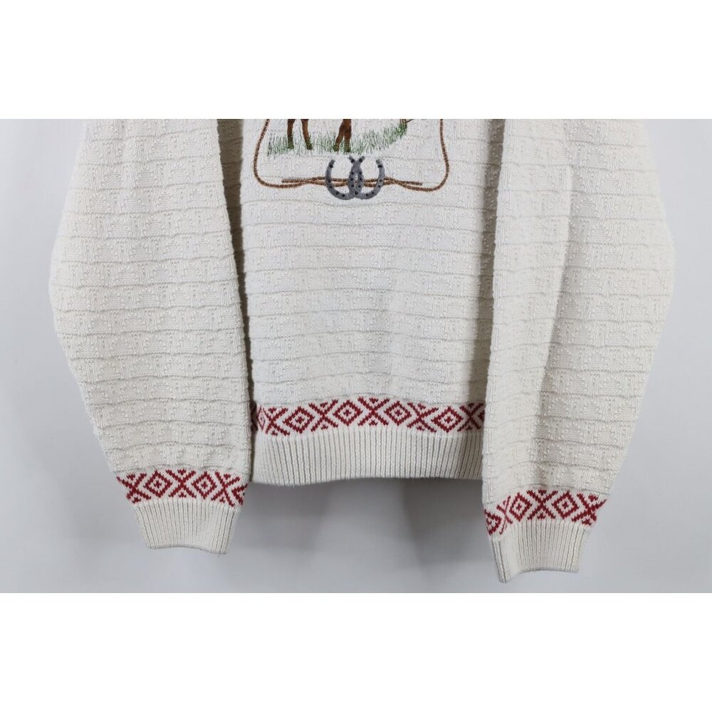 Vintage 90s Cabelas Womens Large Distressed Horse Equestrian Knit Sweater Cream - Picture 3 of 11